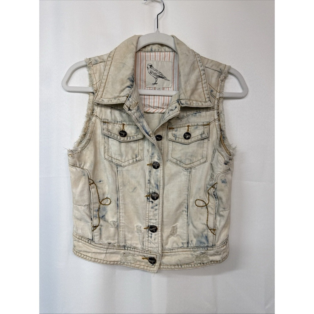 Vtg 90s Chic Denim Vest Women Sz M Blue Acid Wash Accent Bird Buttons Distressed
